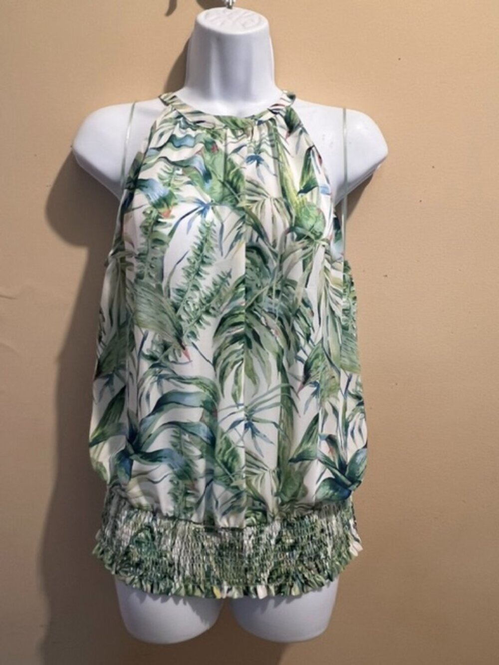 Joie, top, light green/white/blue tropical floral